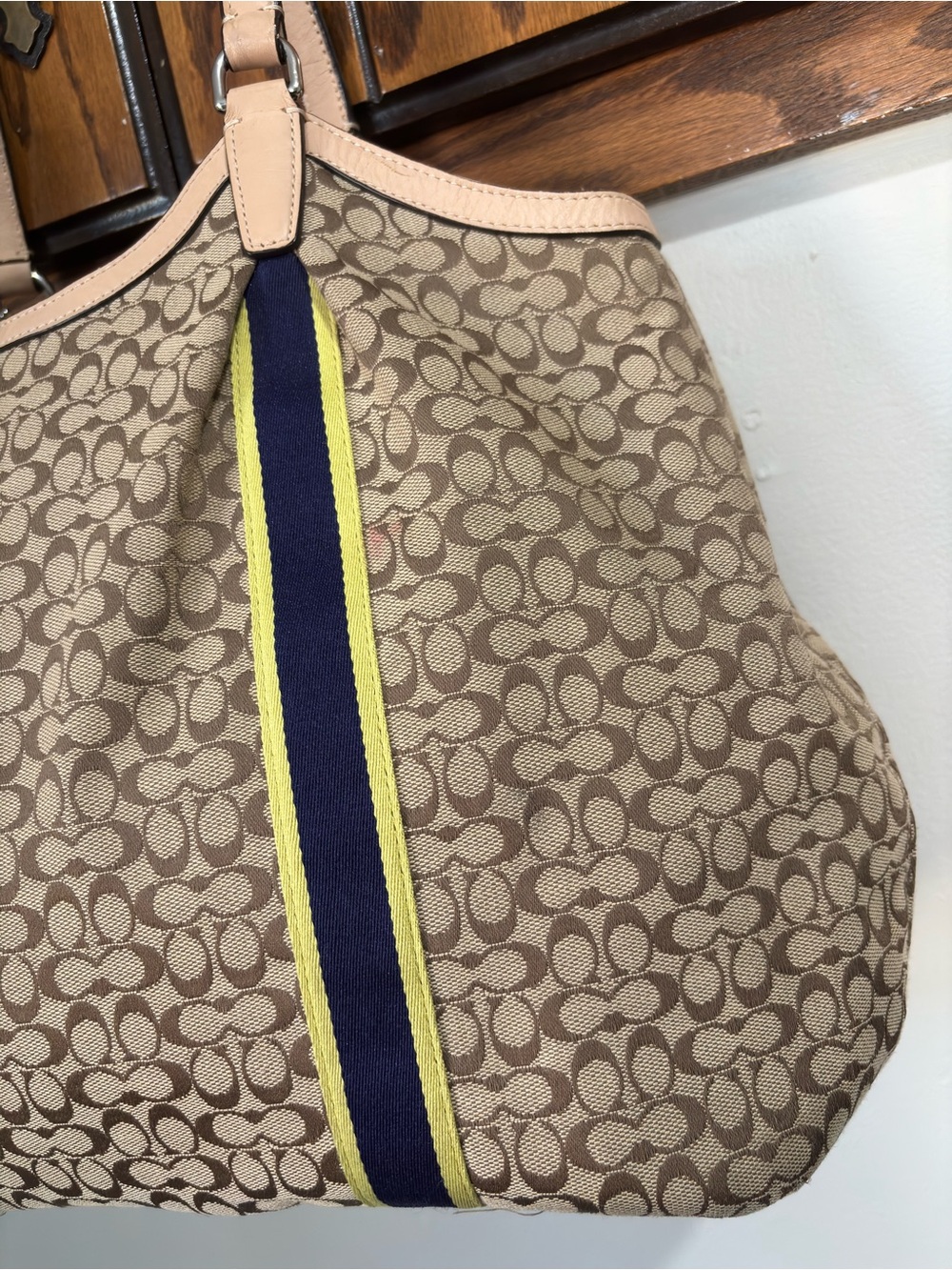 Coach Slouchy Brown Canvas Hobo Tote Purse Leather Trim Navy Yellow Stripes - Picture 6 of 16